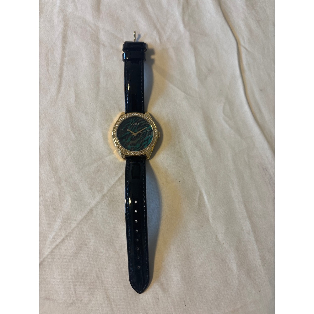 GUESS Watch Women OS Black Green Gold Excellent Crystal Bezel Animal Print Dial